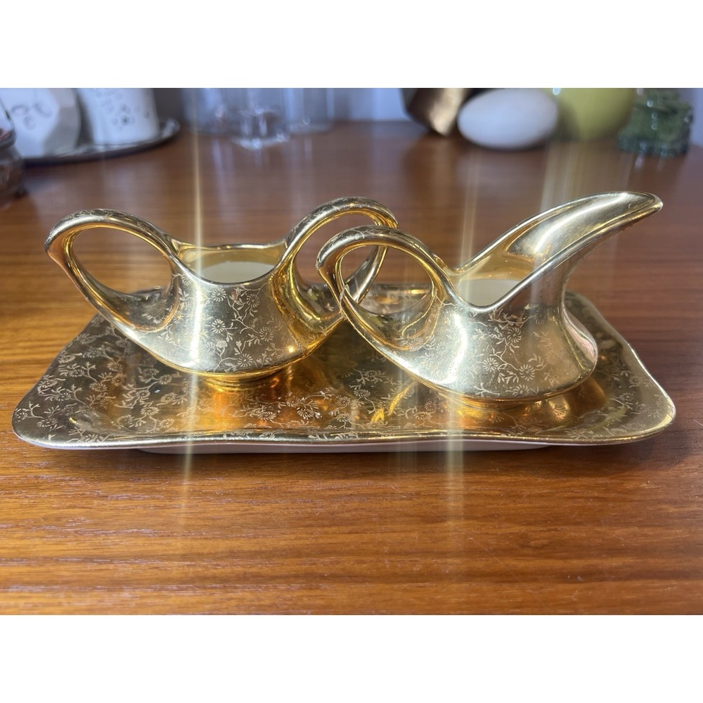 Pearl China Co. Vintage 3pc Creamer Set w/ Tray 22Kt Gold Floral Porcelain